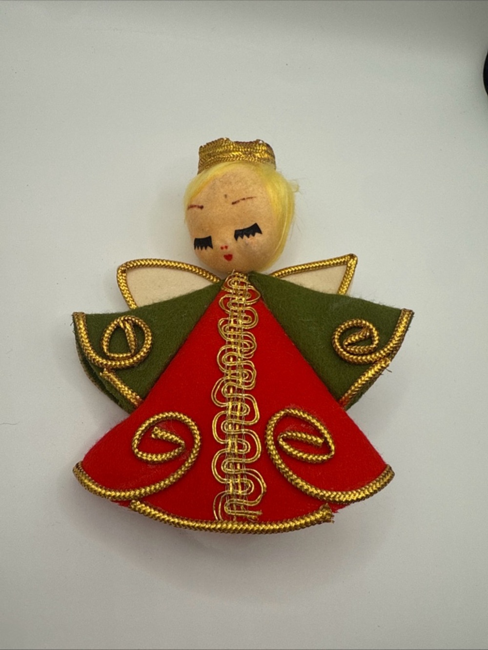 Vintage Japan MCM Felt Angel Ornament/Tree topper in Red and Green Gold Trim